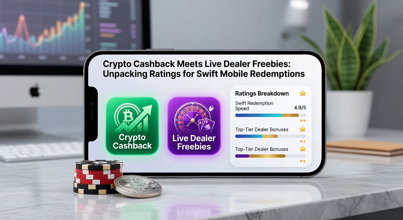 Darstellung von Kryptowährungen, Cashback-Boni und Live-Dealer-Tischen auf einem Mobilgerät mit schnellen Auszahlungsoptionen